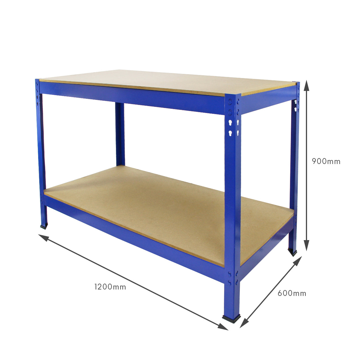 Scaffale da garage blu con piano in MDF, dimensioni 120cm x 60cm, design robusto e pratico per organizzare attrezzi e materiali