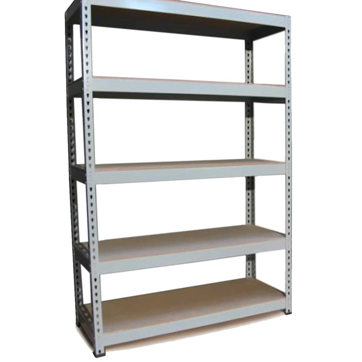 Scaffale da garage grigio in metallo, 120cm x 50cm, con cinque ripiani robusti e spazi aperti per una facile organizzazione