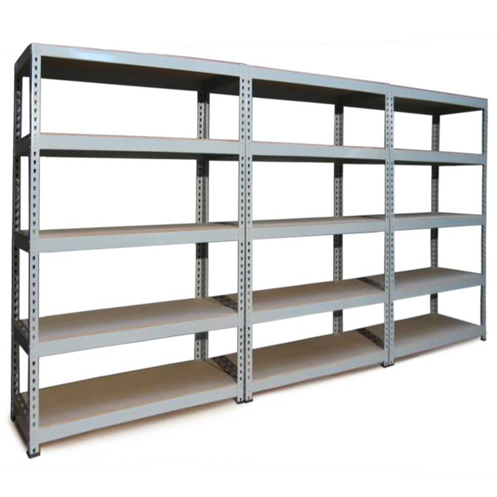Scaffale da garage grigio in metallo, con cinque ripiani, design robusto e modulare, ideale per organizzare spazi di lavoro e magazzini