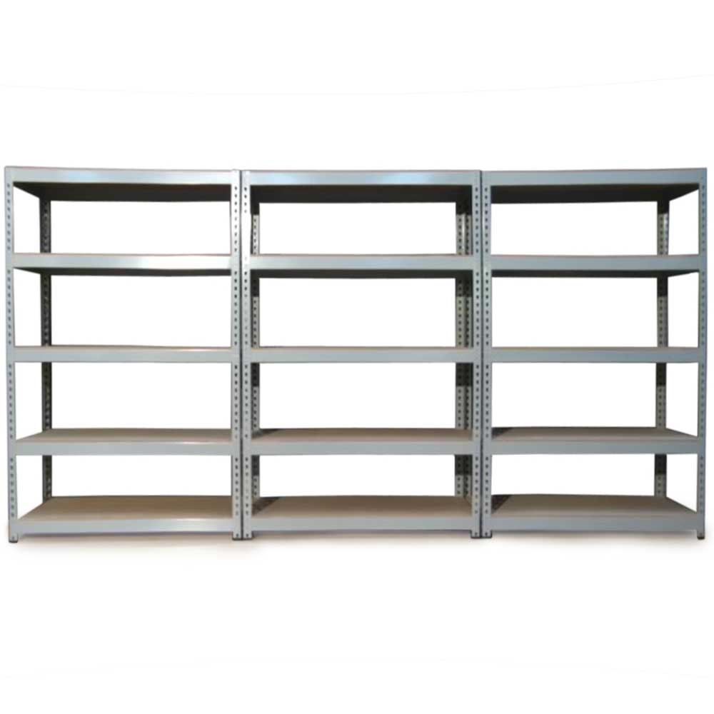 Scaffale da garage grigio in metallo, con cinque ripiani in legno, design robusto e modulare, ideale per stoccaggio e organizzazione