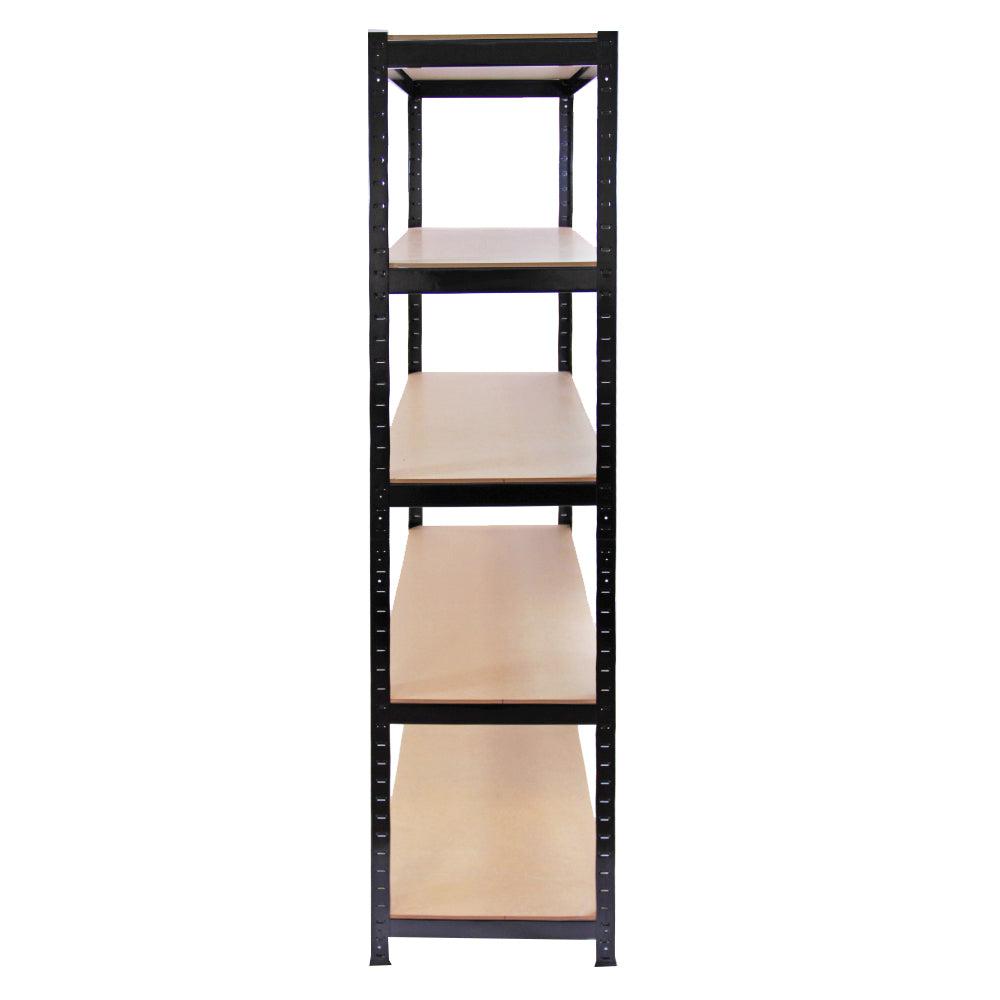 Scaffale da garage ad incastro T-Rax, nero, con quattro ripiani in legno chiaro, struttura metallica robusta e design funzionale