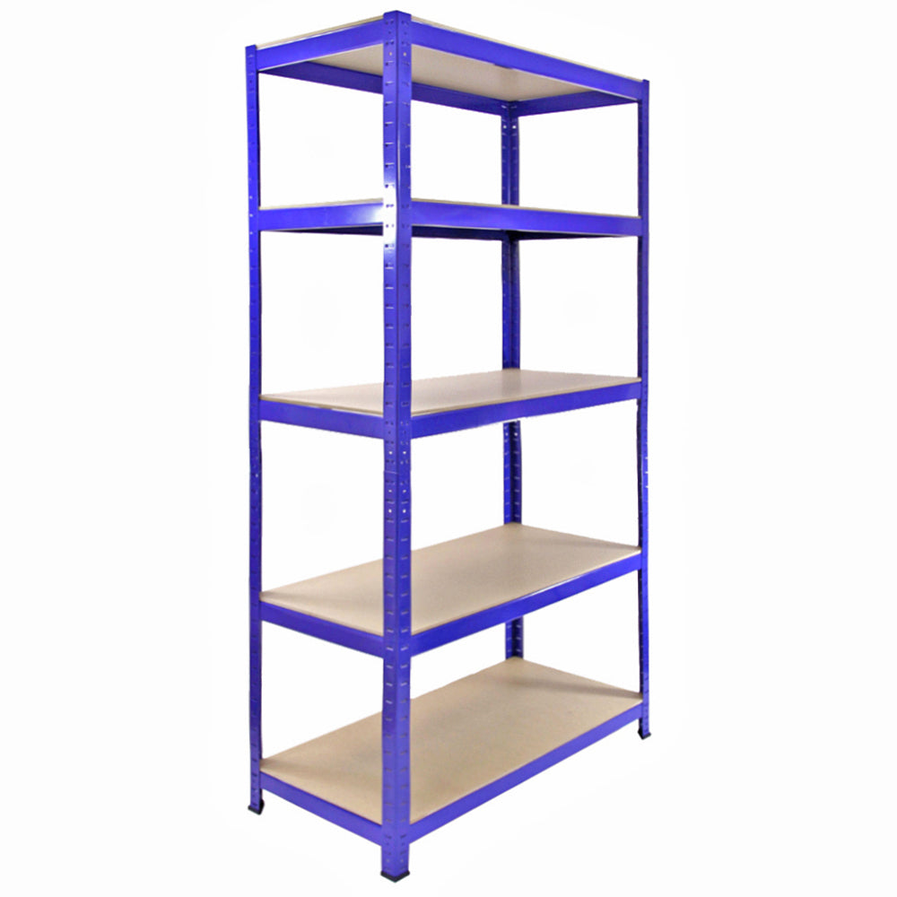 Scaffale da garage blu in metallo, con quattro ripiani in legno, design robusto e incastro facile, ideale per organizzare spazi di lavoro