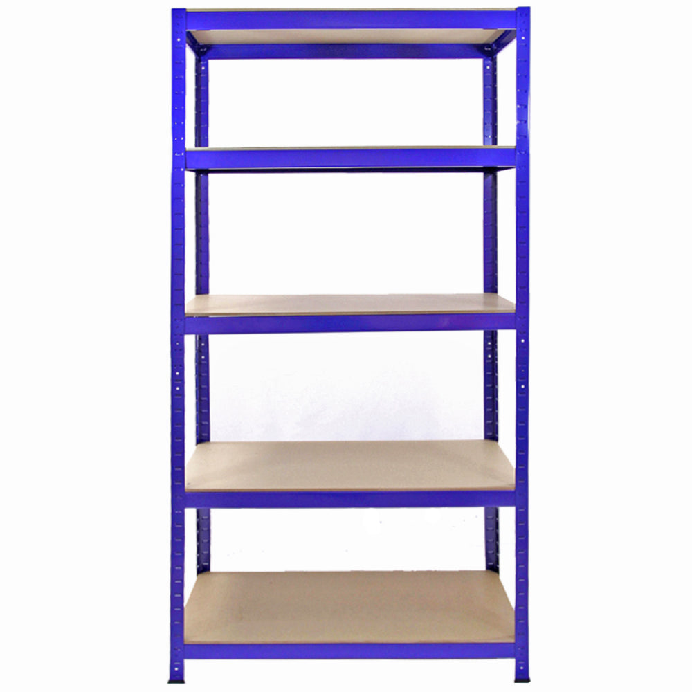Scaffale T-RAX in acciaio blu senza bulloni, con cinque ripiani beige e dodici contenitori a bocca di lupo per un'ottima organizzazione