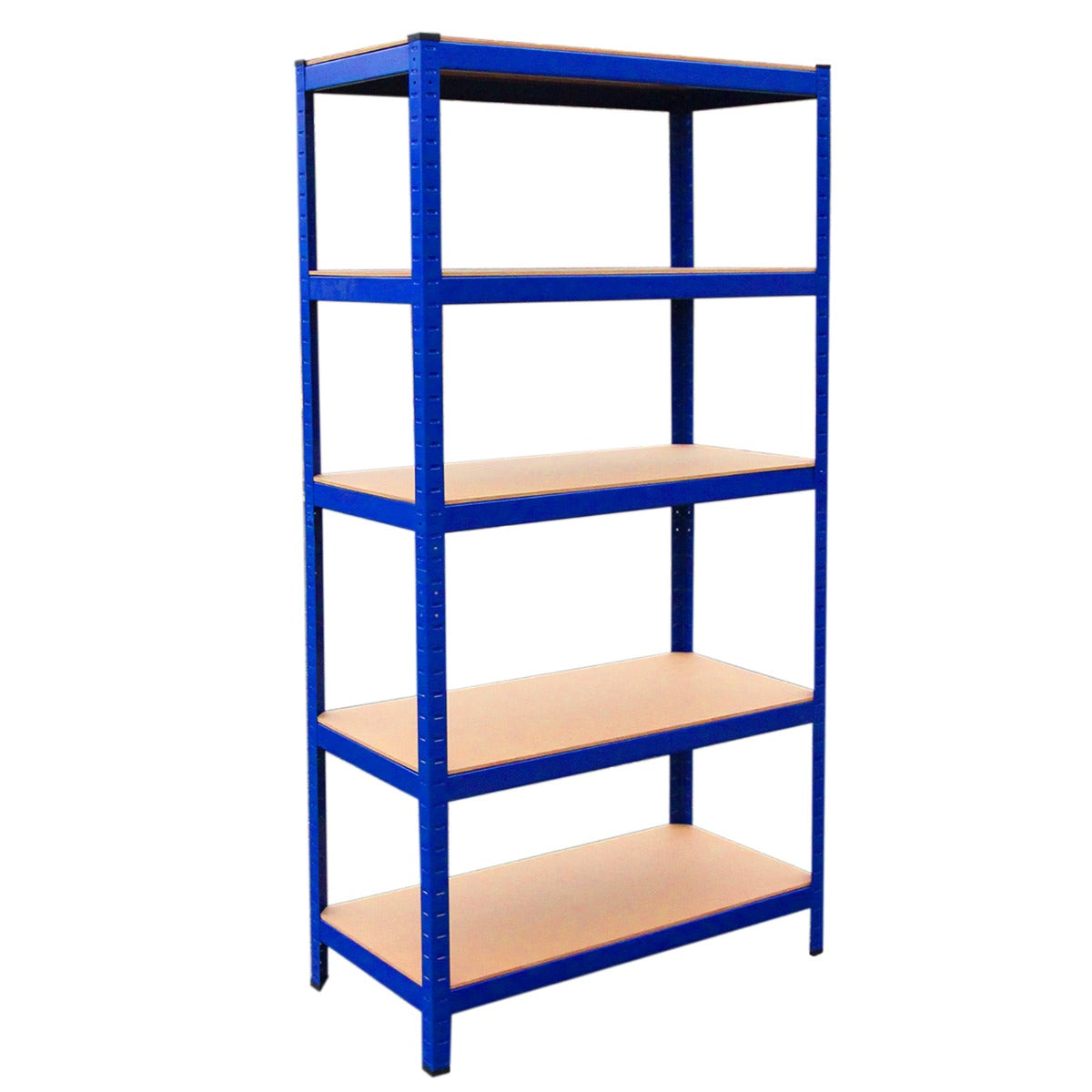 Scaffale da garage blu con cinque ripiani in legno, struttura robusta e design pratico per ottimizzare lo spazio di lavoro