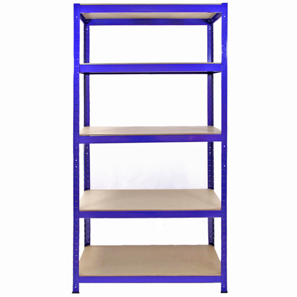 Scaffale da garage blu con cinque ripiani in legno, struttura robusta e connettori per un facile assemblaggio e stabilità