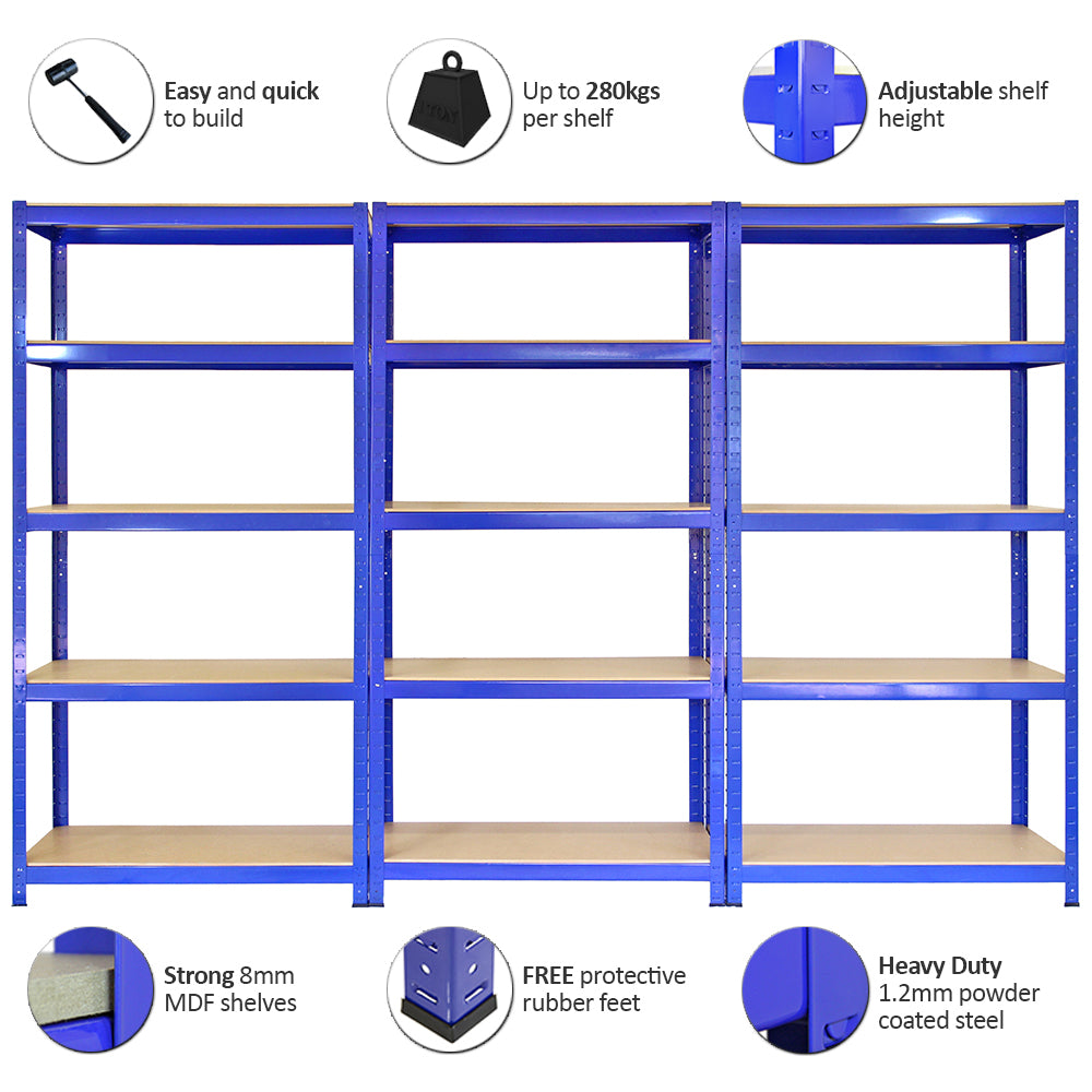 Scaffale da garage blu in metallo, 90cm x 45cm, con ripiani in MDF, robusto e regolabile, ideale per organizzare spazi di lavoro