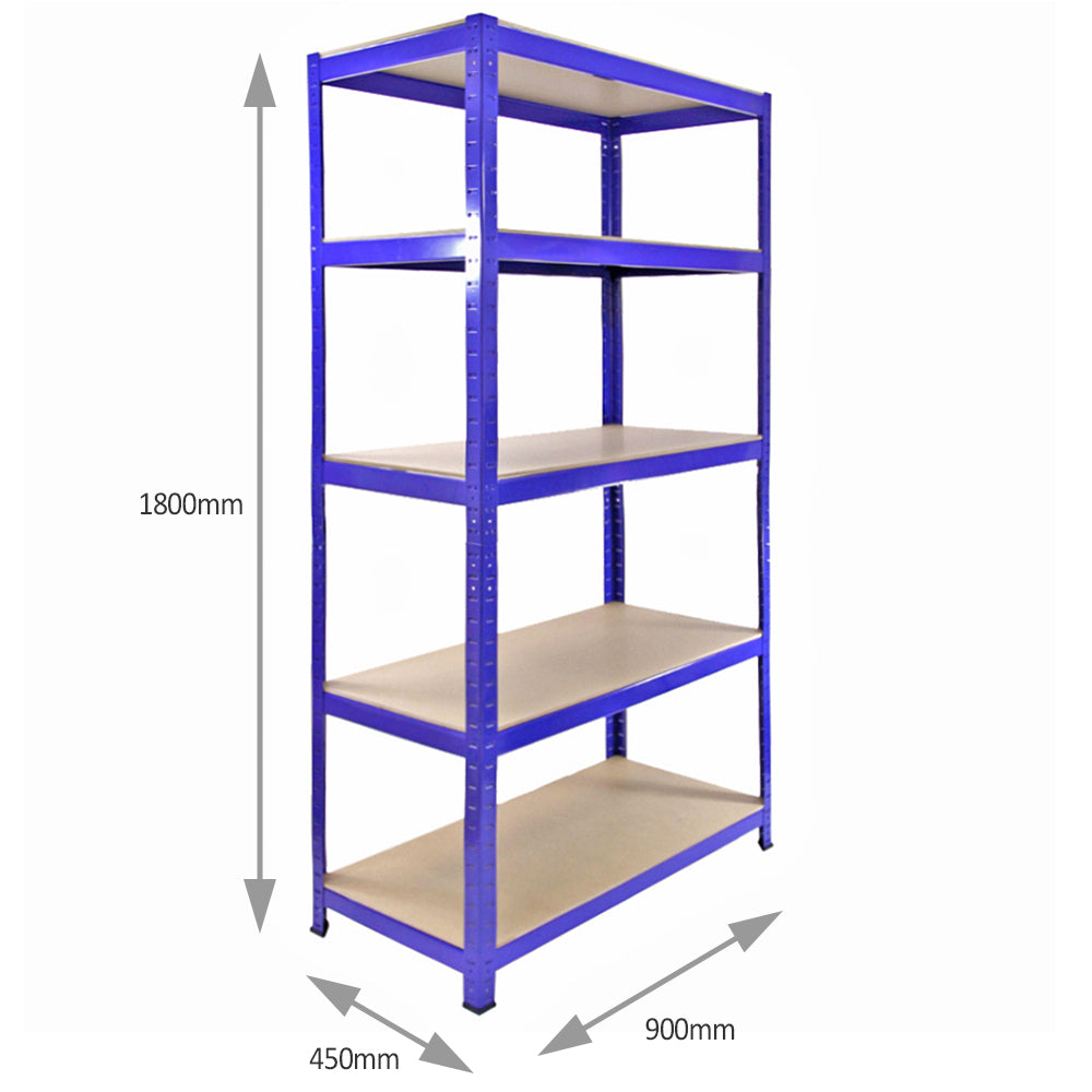 Scaffale T-RAX in acciaio blu senza bulloni, con 4 ripiani e 12 contenitori a bocca di lupo, dimensioni 180x90x45 cm