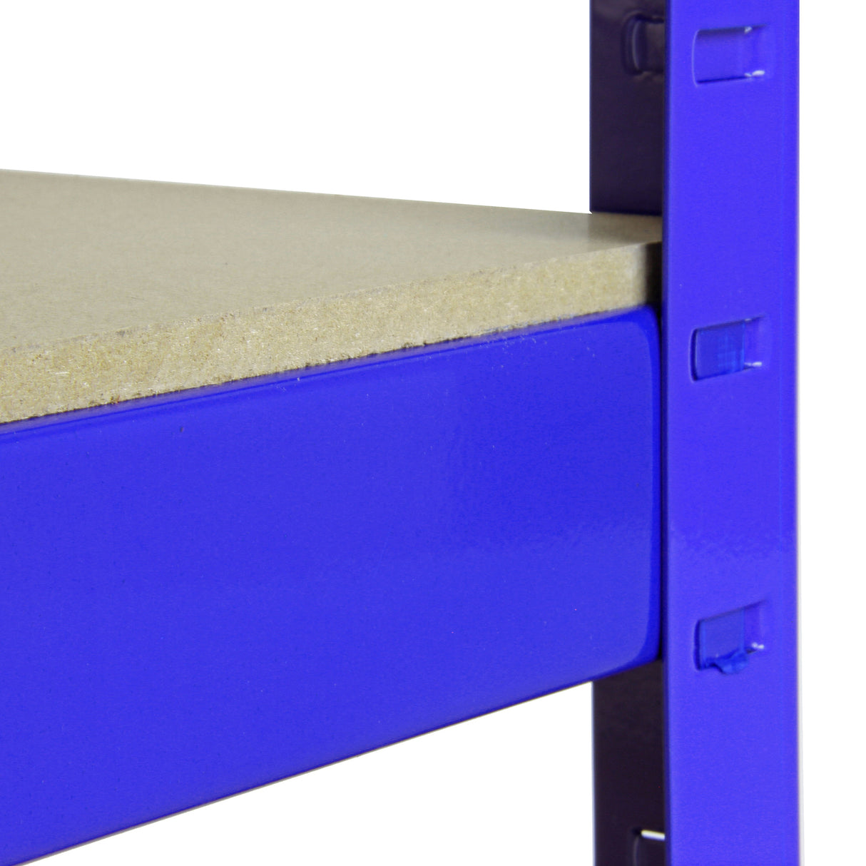 Scaffale da garage blu con ripiano in legno, struttura robusta in metallo, design ad incastro, ideale per organizzare spazi di lavoro