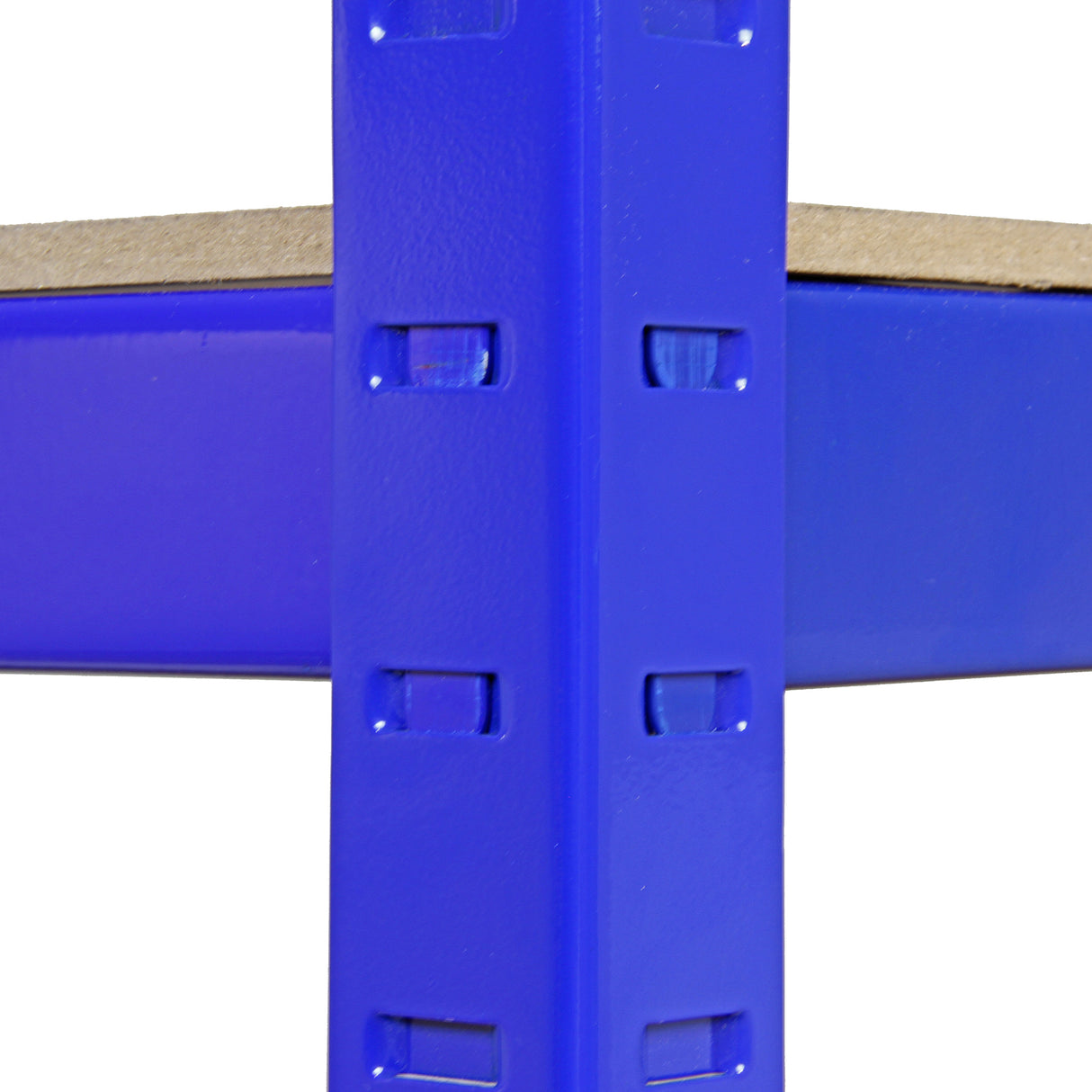 Scaffale da garage blu in metallo con connettori, struttura robusta e ripiani in legno, design modulare per ottimizzare lo spazio