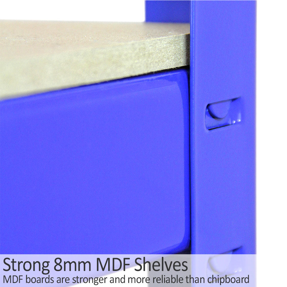 Scaffale da garage blu in MDF da 8mm, con ripiani robusti e connettori, ideale per organizzare spazi e attrezzi