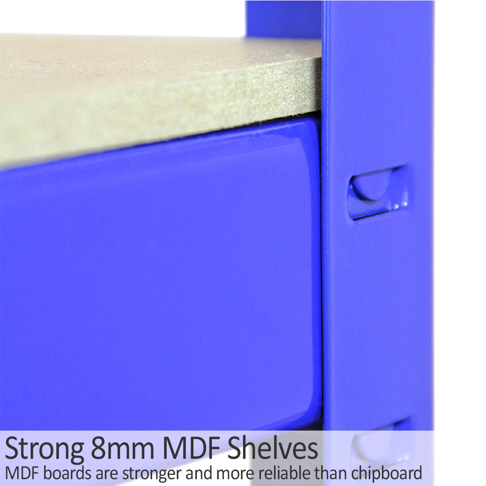 Scaffale da garage blu in MDF da 8mm, con ripiani robusti e sistema di incastro, ideale per organizzare spazi di lavoro e stoccaggio