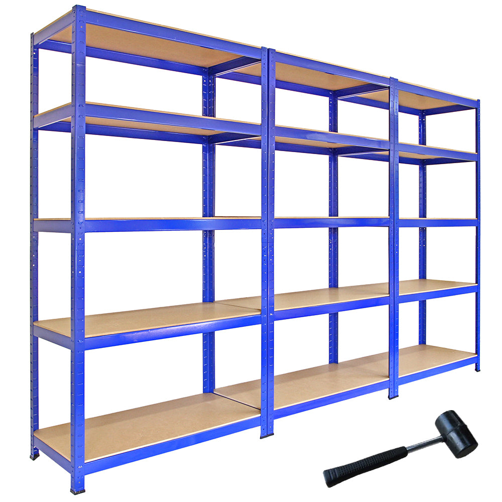 Scaffale da garage blu in metallo, con ripiani in legno, composto da tre pezzi, incluso martello e connettori per montaggio facile