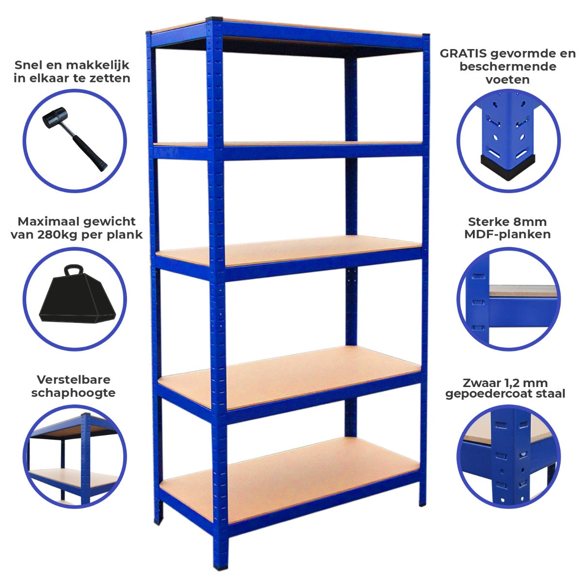 Scaffale da garage blu in metallo, con ripiani in MDF, dimensioni 90cm x 50cm, design robusto e regolabile per carichi pesanti