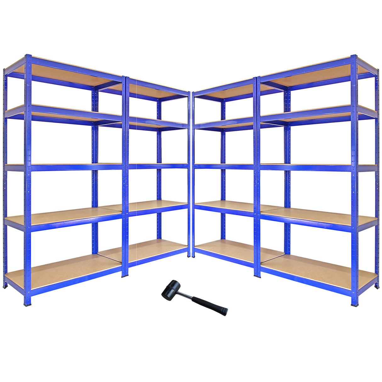 Scaffale da garage blu in metallo, 90cm x 50cm, composto da 4 pezzi con ripiani in legno e martello per assemblaggio incluso