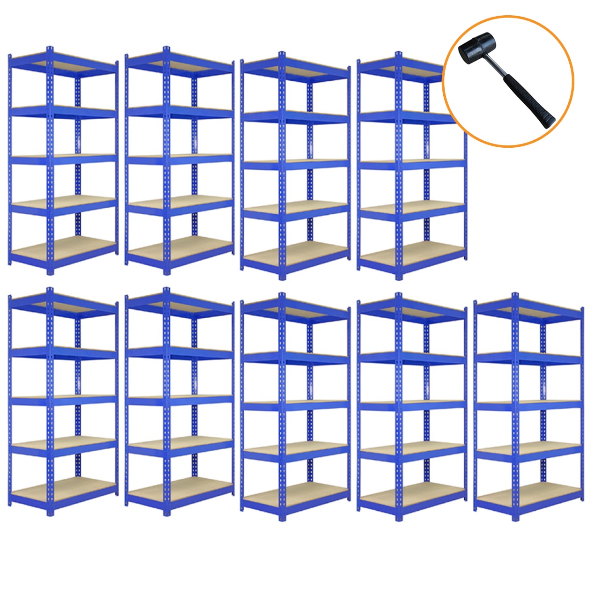 Scaffale da garage ad incastro T-Rax blu, 90cm x 45cm, composto da 9 pezzi, con ripiani in legno chiaro e struttura robusta in metallo blu