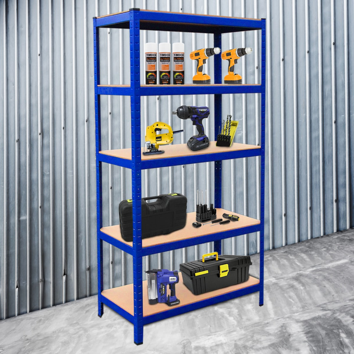 Scaffale da garage blu T-Rax con ripiani in legno, attrezzi e contenitori, ideale per organizzare spazi di lavoro e garage