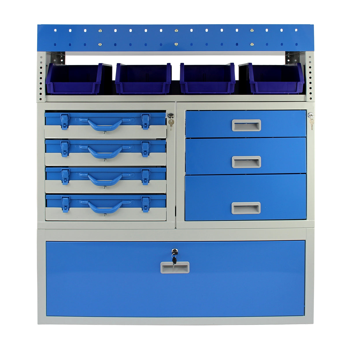 Scaffalatura in metallo per furgoni Storm, con cassetti blu, ripiani e contenitori viola, design robusto e funzionale per organizzazione ottimale