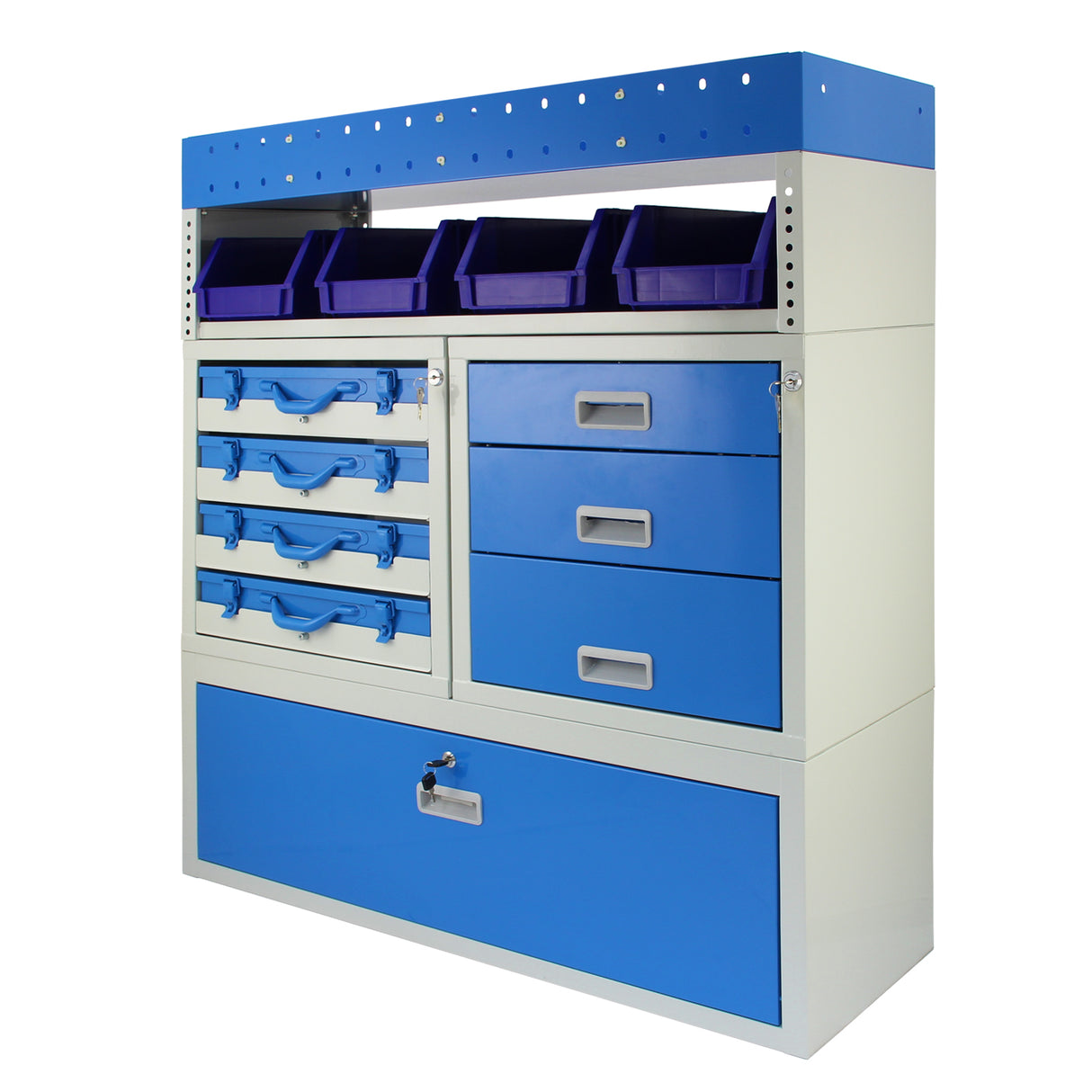 Scaffalatura in metallo per furgoni Storm, con cassetti blu e contenitori viola, design robusto e finitura liscia, ideale per organizzare attrezzi