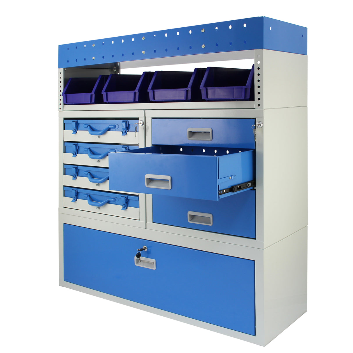Scaffalatura in metallo per furgoni Storm, con cassetti blu e contenitori, design funzionale e resistente per organizzazione ottimale