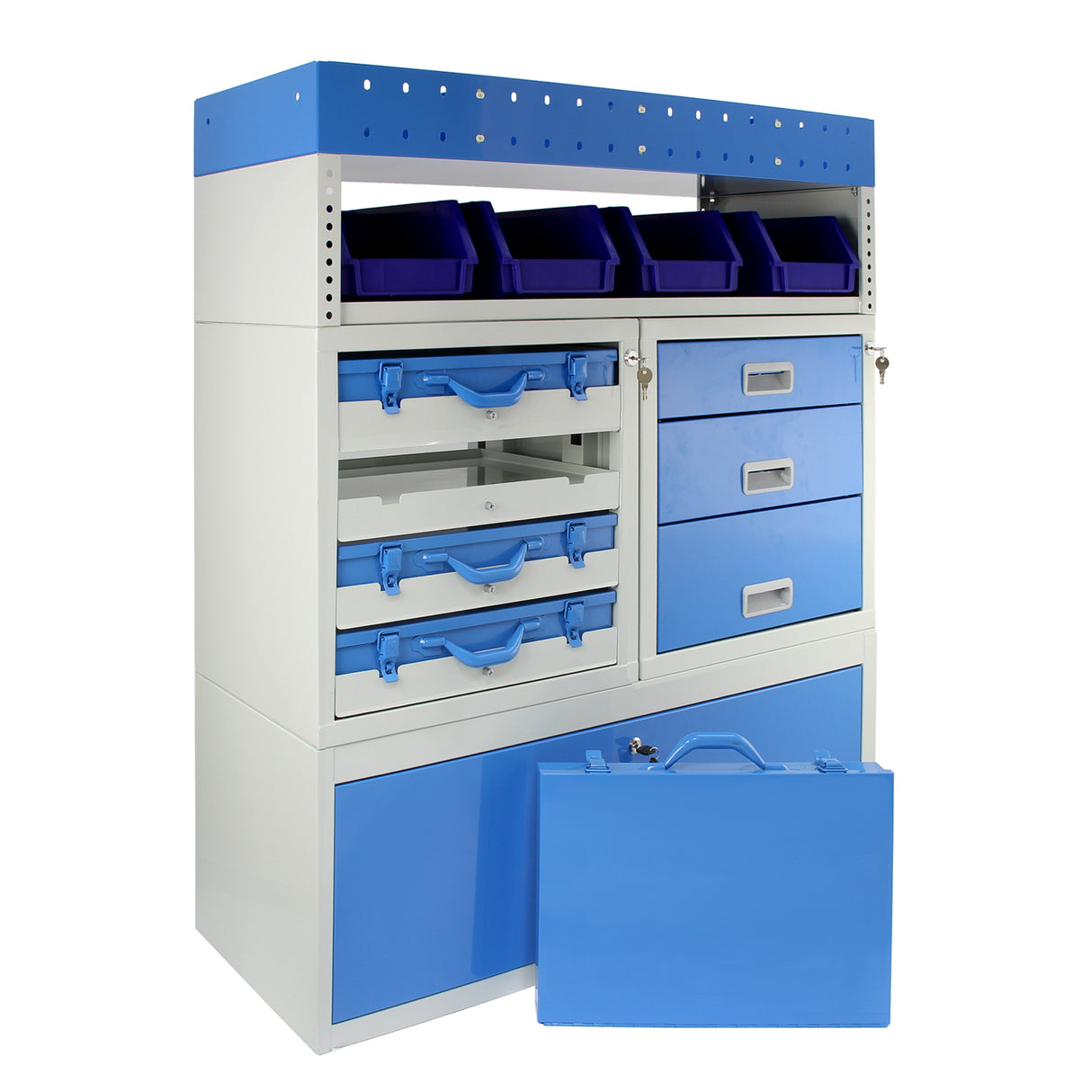 Scaffalatura in metallo per furgoni Storm, con cassetti blu e contenitori viola, design funzionale e resistente per organizzazione ottimale