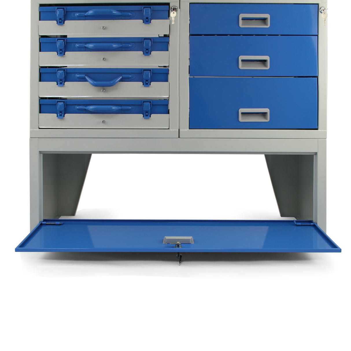 Scaffalatura in metallo grigio con cassetti blu, design robusto e funzionale, ideale per l'organizzazione di furgoni e spazi di lavoro