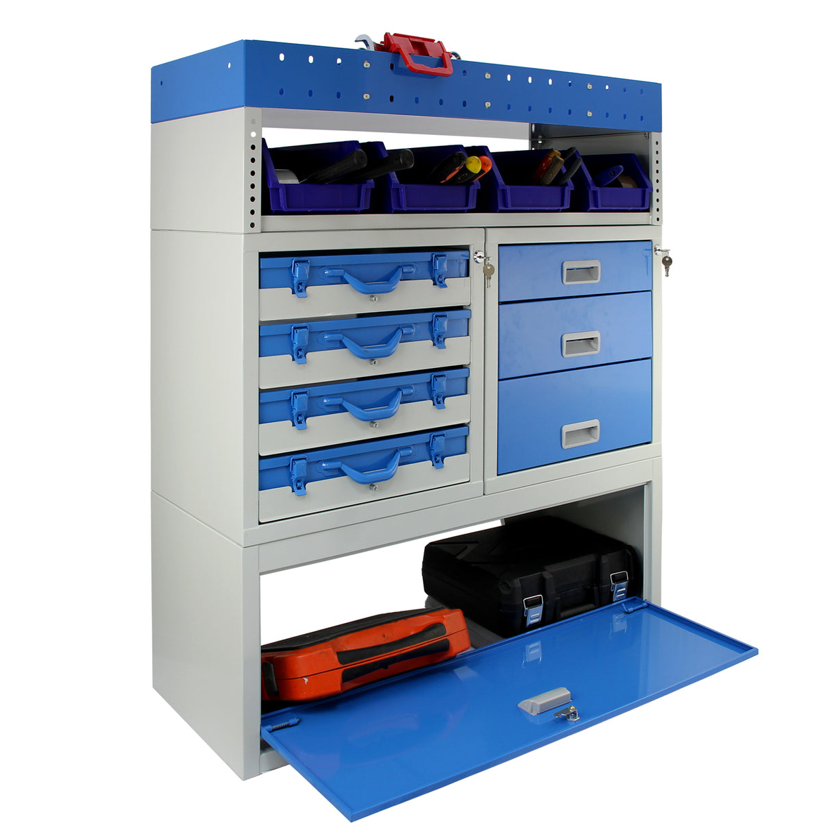 Scaffalatura in metallo per furgoni Storm, con cassetti blu e grigi, superficie liscia e maniglie ergonomiche per un facile accesso agli attrezzi