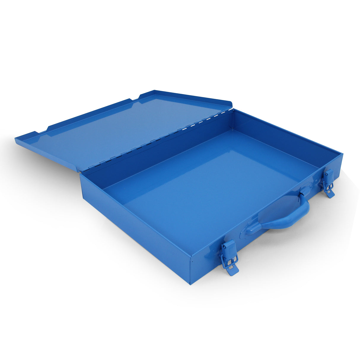 Scatola in metallo blu con manico, apertura a coperchio, superficie liscia e resistente, ideale per organizzare attrezzi o materiali nel furgone