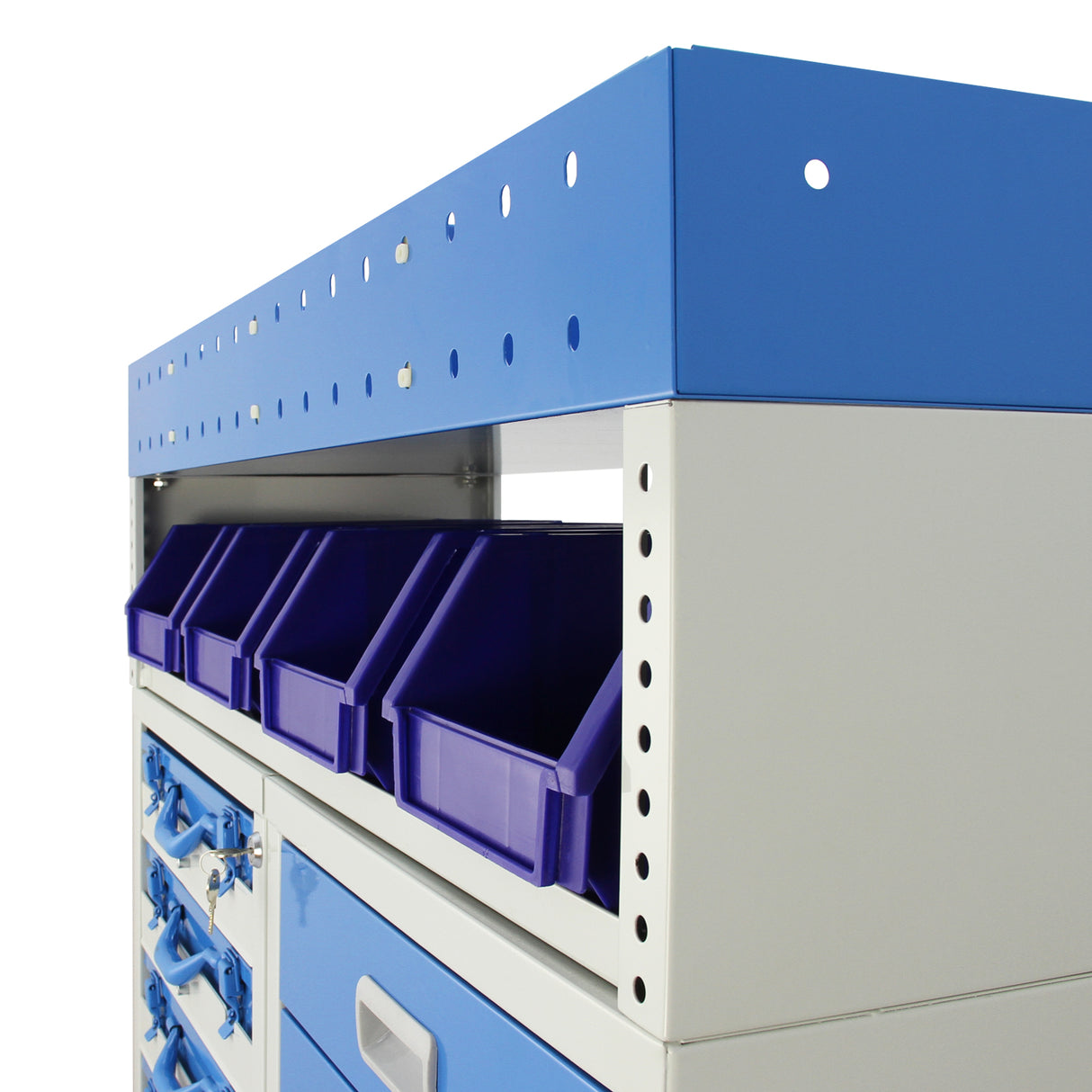 Scaffalatura in metallo per furgoni Storm, con ripiani blu e contenitori viola, design robusto e pratico per organizzare attrezzi e materiali