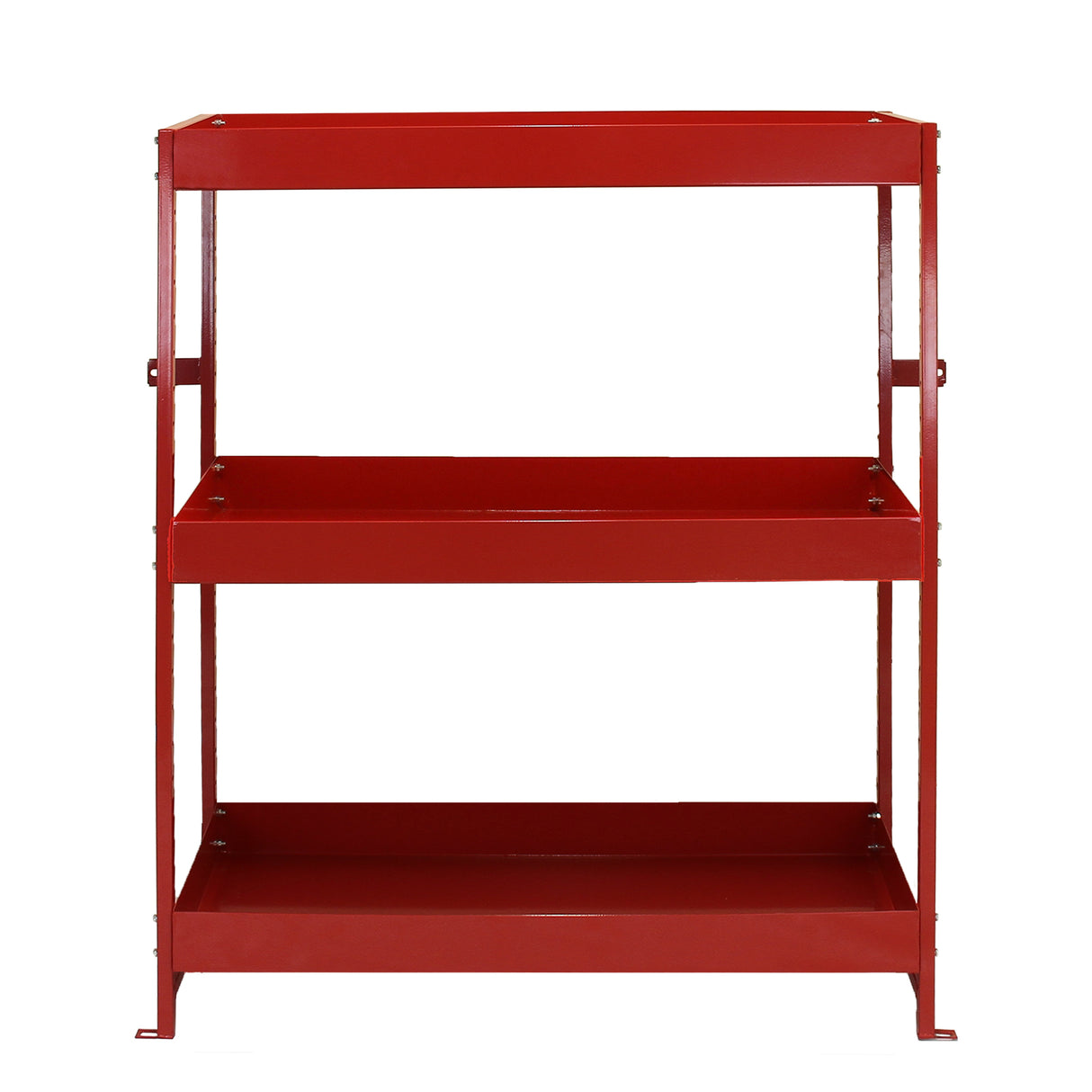 Scaffalatura Volcano Rosso in acciaio inox, con tre ripiani ampi e robusti, finitura liscia e colore rosso brillante, ideale per furgoni