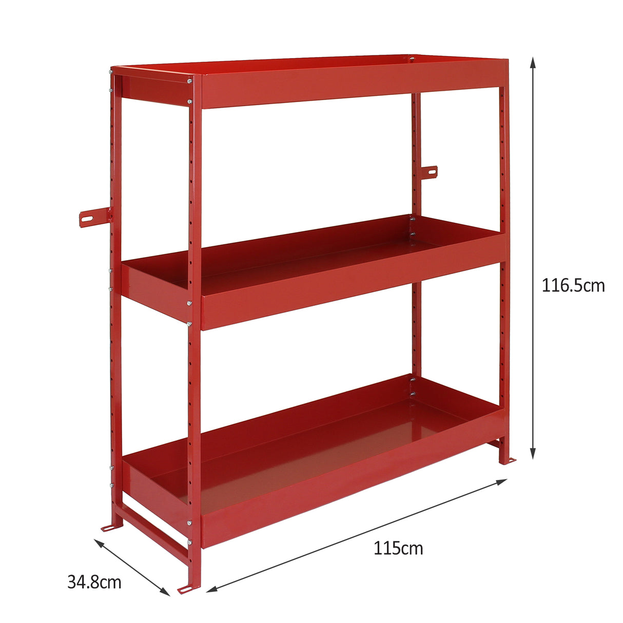 Scaffalatura Volcano Rosso in acciaio inox, con tre ripiani, finitura rossa brillante, dimensioni 115x34.8x116.5 cm, robusta e funzionale