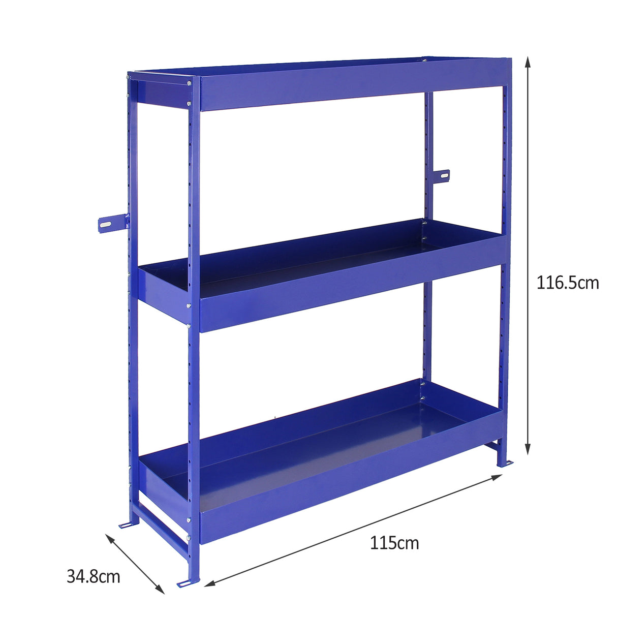 Scaffalatura Lightning Blu in acciaio inox con tre ripiani, finitura liscia, dimensioni 115x34,8x116,5 cm, ideale per furgoni