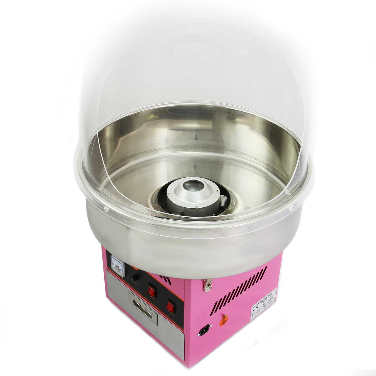 Macchina per zucchero filato di colore rosa con struttura in acciaio inox, dotata di coperchio trasparente e pulsanti di accensione