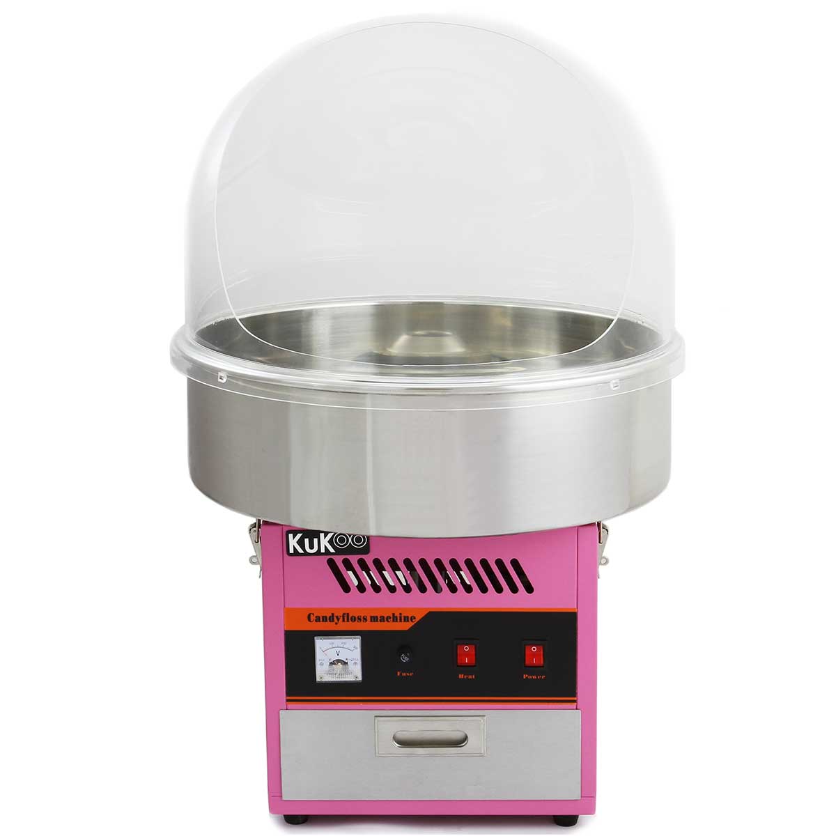 Macchina per zucchero filato con base rosa, ciotola in acciaio inox e copertura trasparente, ideale per feste e eventi