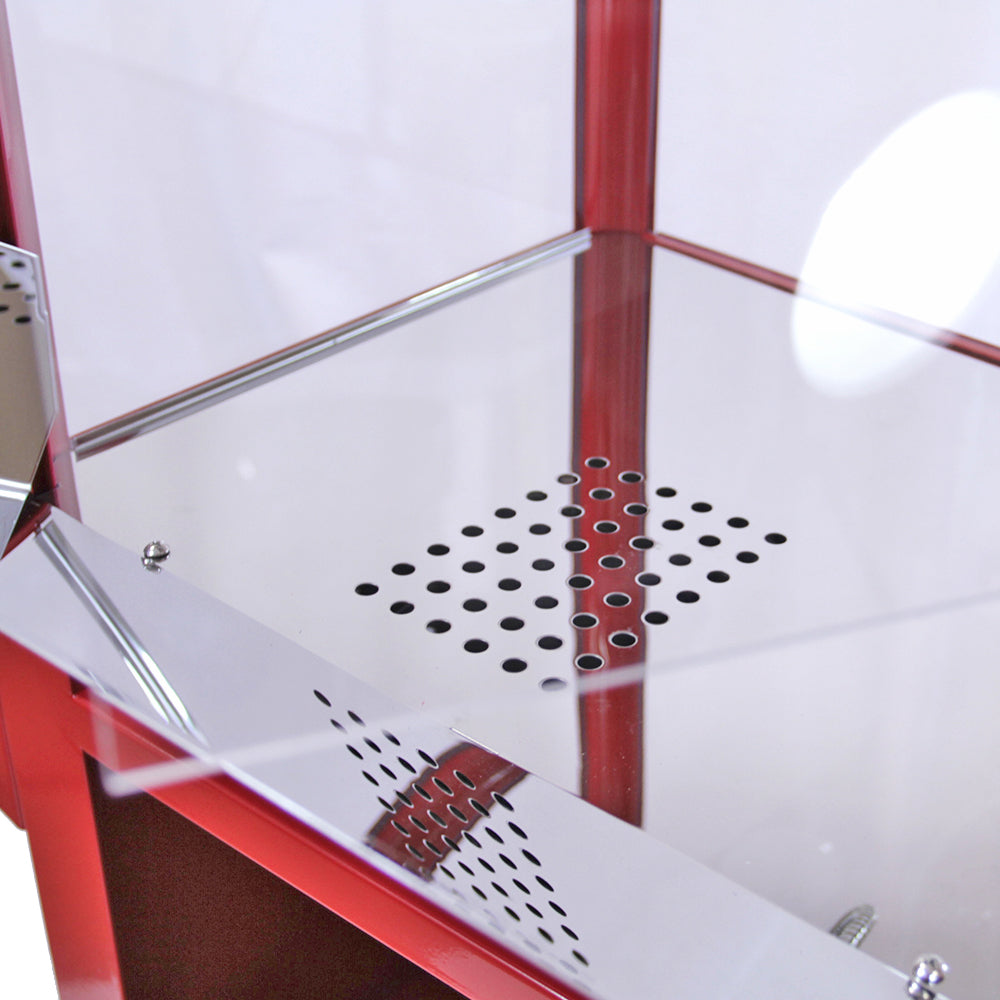 Vetrina rossa con ripiano in vetro trasparente, dotata di fori di ventilazione e finiture in acciaio lucido, ideale per esposizione prodotti