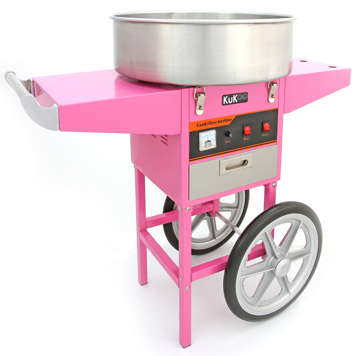 Macchina per zucchero filato di colore rosa con struttura metallica, ciotola in acciaio inox e ruote per facilità di movimento