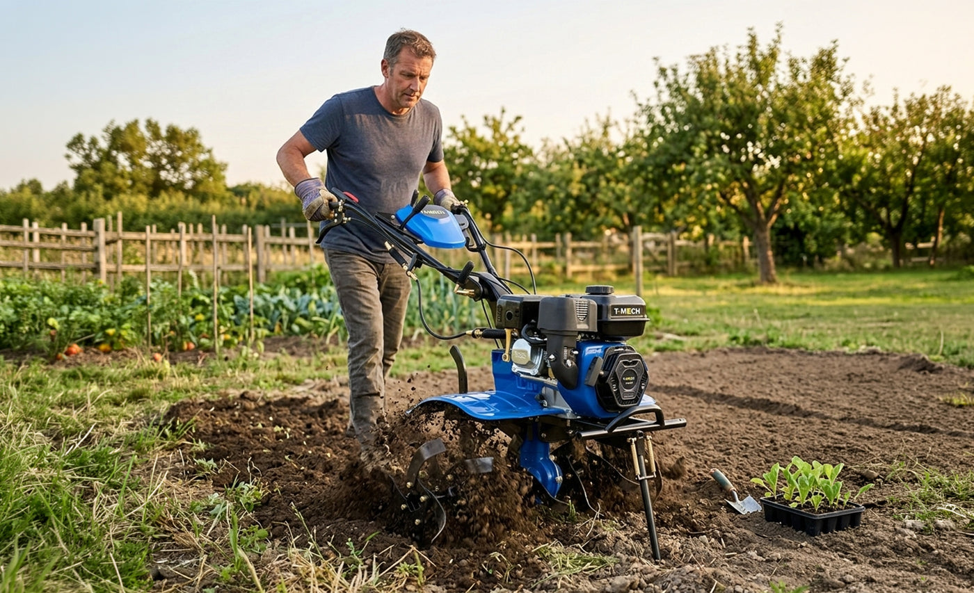 Uomo che utilizza un motocoltivatore blu in un orto, mentre lavora il terreno fertile circondato da piante verdi e alberi