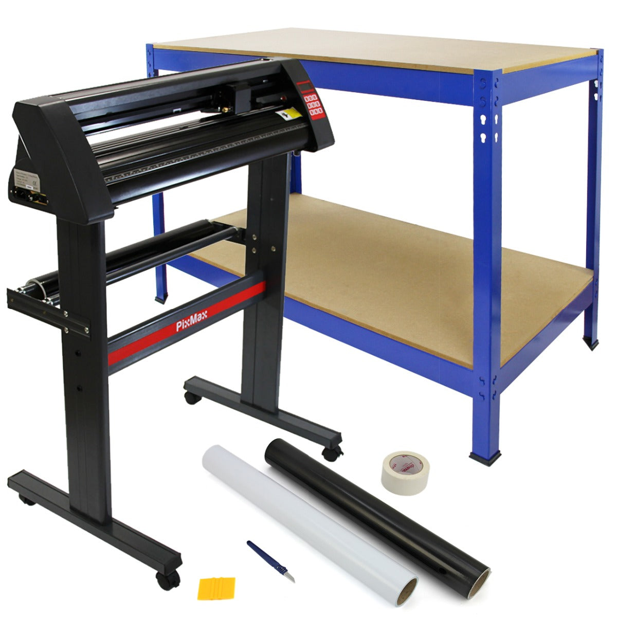 Taglierina per vinile nera da 720 mm su banco blu, con rotolo di vinile, nastro adesivo e strumenti per il taglio in evidenza