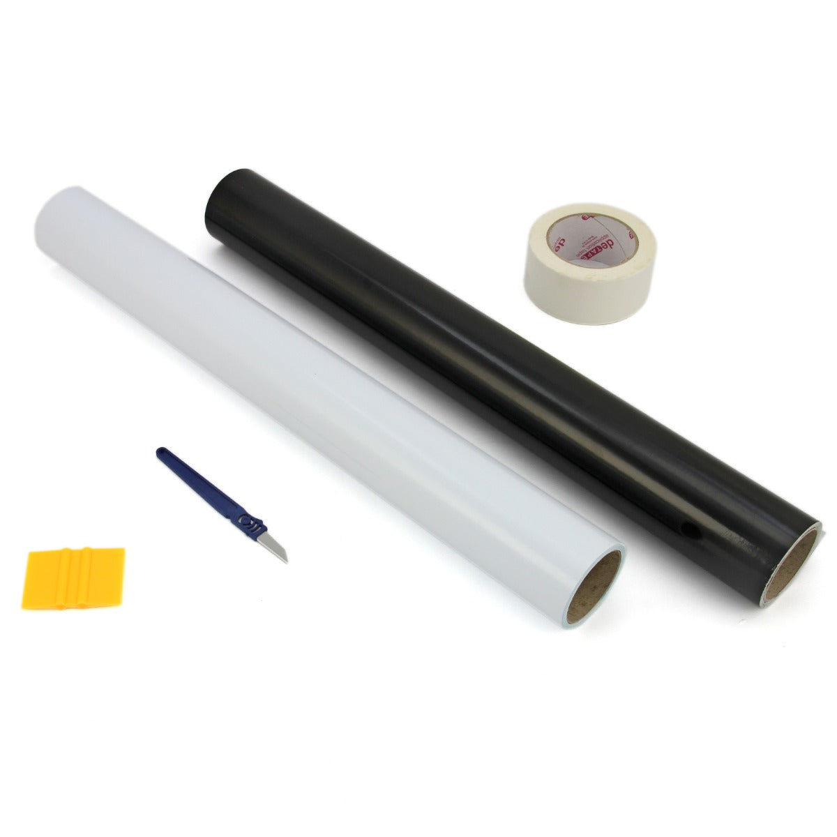 Kit di taglio per vinile con rotoli bianco e nero, nastro adesivo e spatola, ideale per progetti artigianali e decorativi