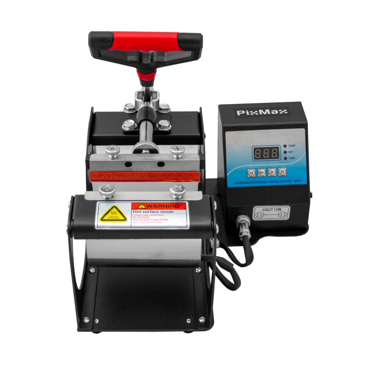 Pressa a caldo per tazze PixMax, con manico rosso, display digitale, struttura in metallo e base nera, ideale per la sublimazione