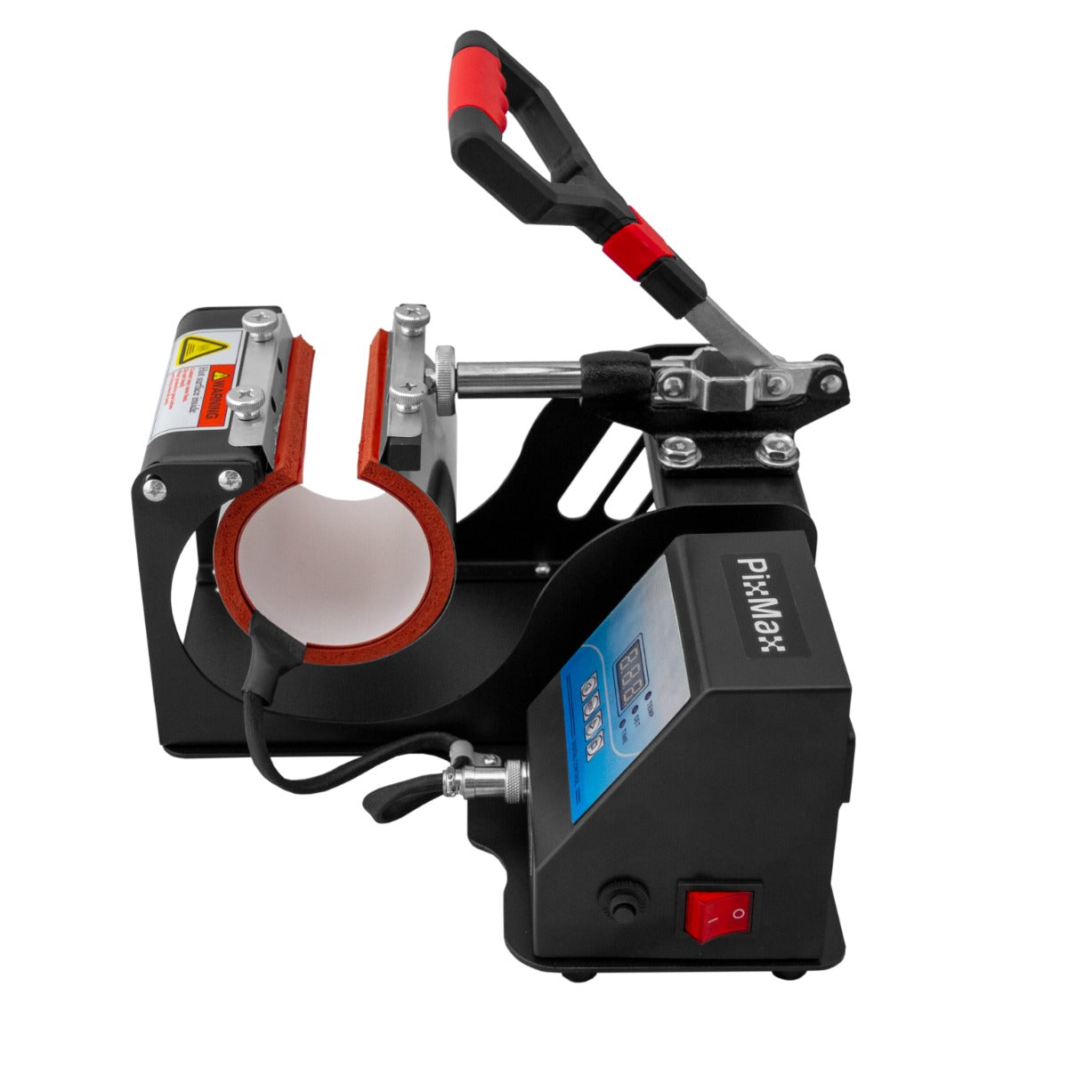 Pressa a caldo per tazze PixMax, con manico rosso, struttura nera, display digitale e rulli per sublimazione di alta qualità