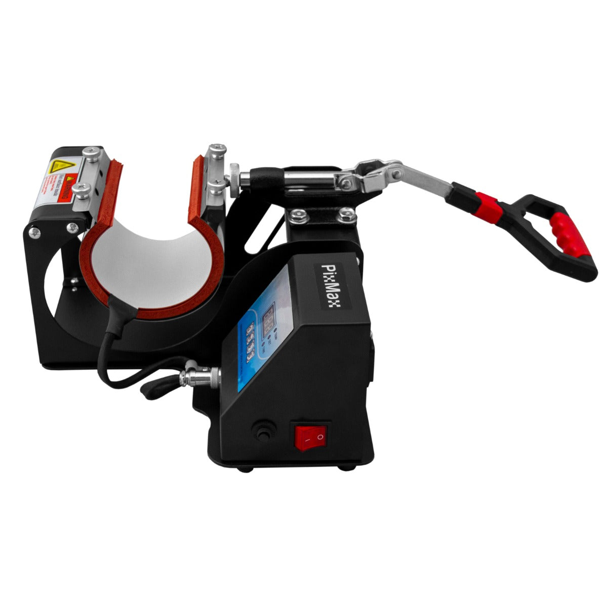 Pressa a caldo per tazze PixMax, con manico rosso e nero, struttura in metallo, design compatto e superficie di lavoro bianca per sublimazione