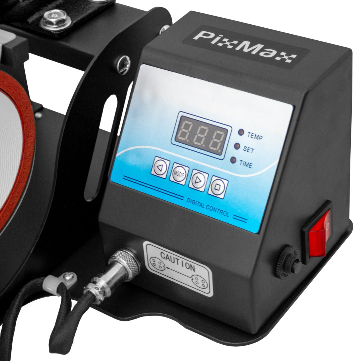 Controllo digitale della pressa a caldo PixMax per tazze, con display LCD blu, manopole e pulsanti per impostazioni di temperatura e tempo