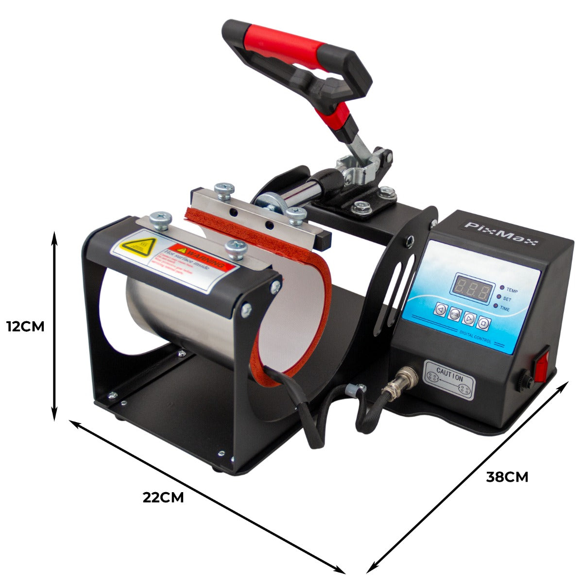 Pressa a caldo per tazze PixMax, struttura nera, manico rosso, display digitale, dimensioni 38x22x12 cm, ideale per sublimazione