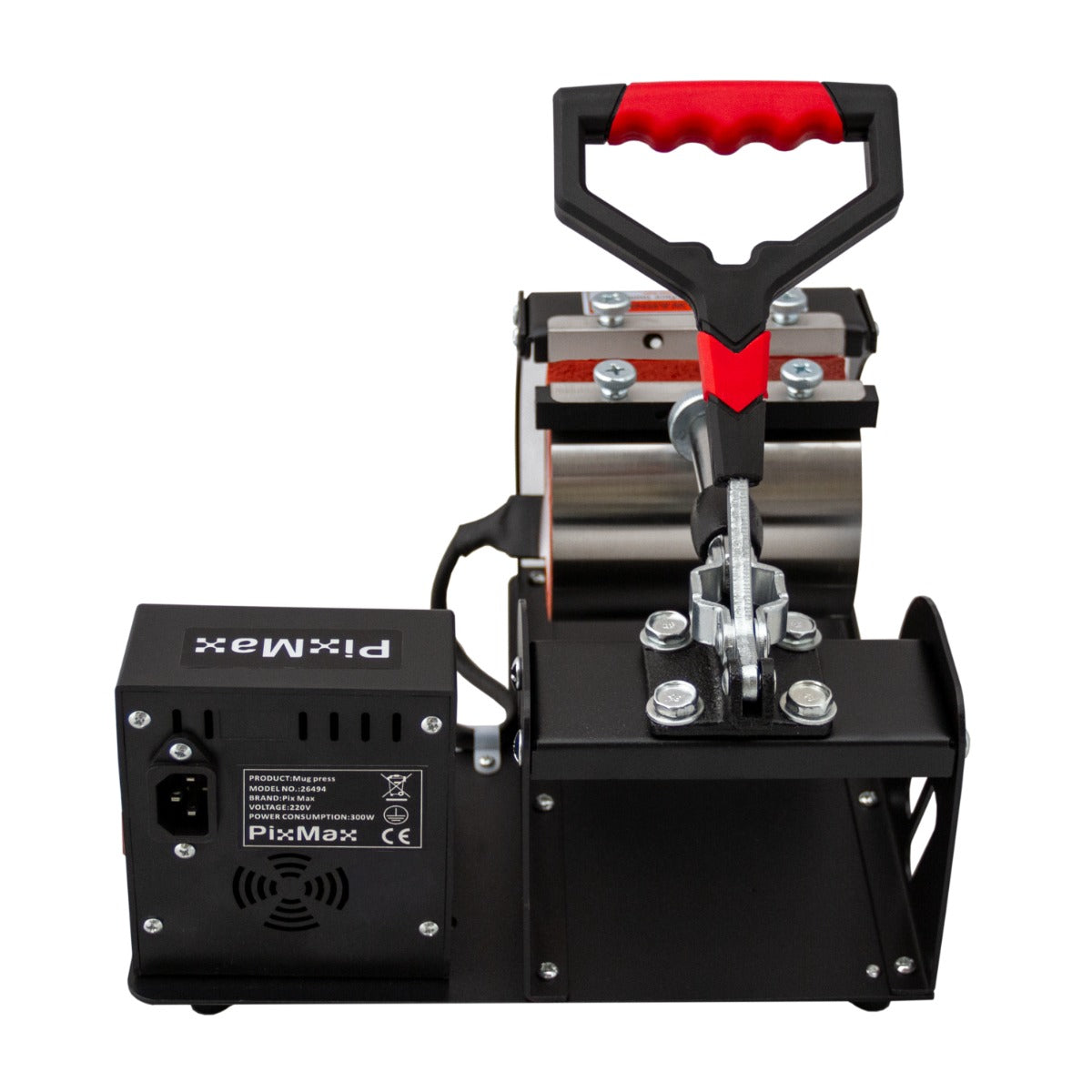 Pressa a caldo per tazze PixMax, con manico rosso e corpo nero, progettata per la sublimazione, con dettagli metallici e robustezza evidente