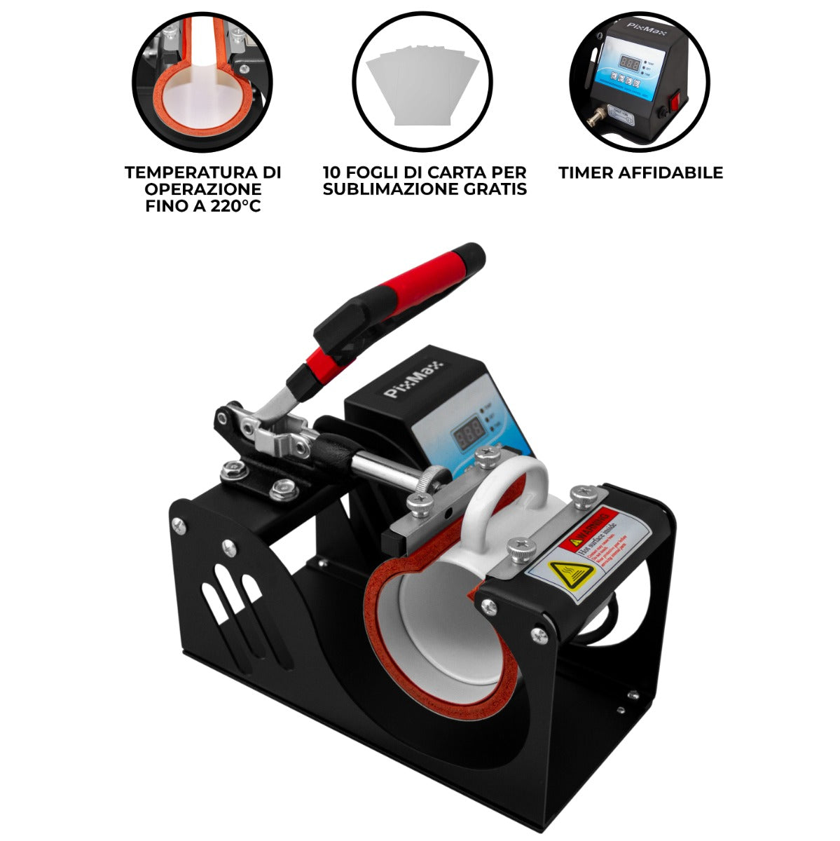 Pressa a caldo per tazze PixMax con manico rosso, display digitale e base nera, ideale per la sublimazione a 220°C