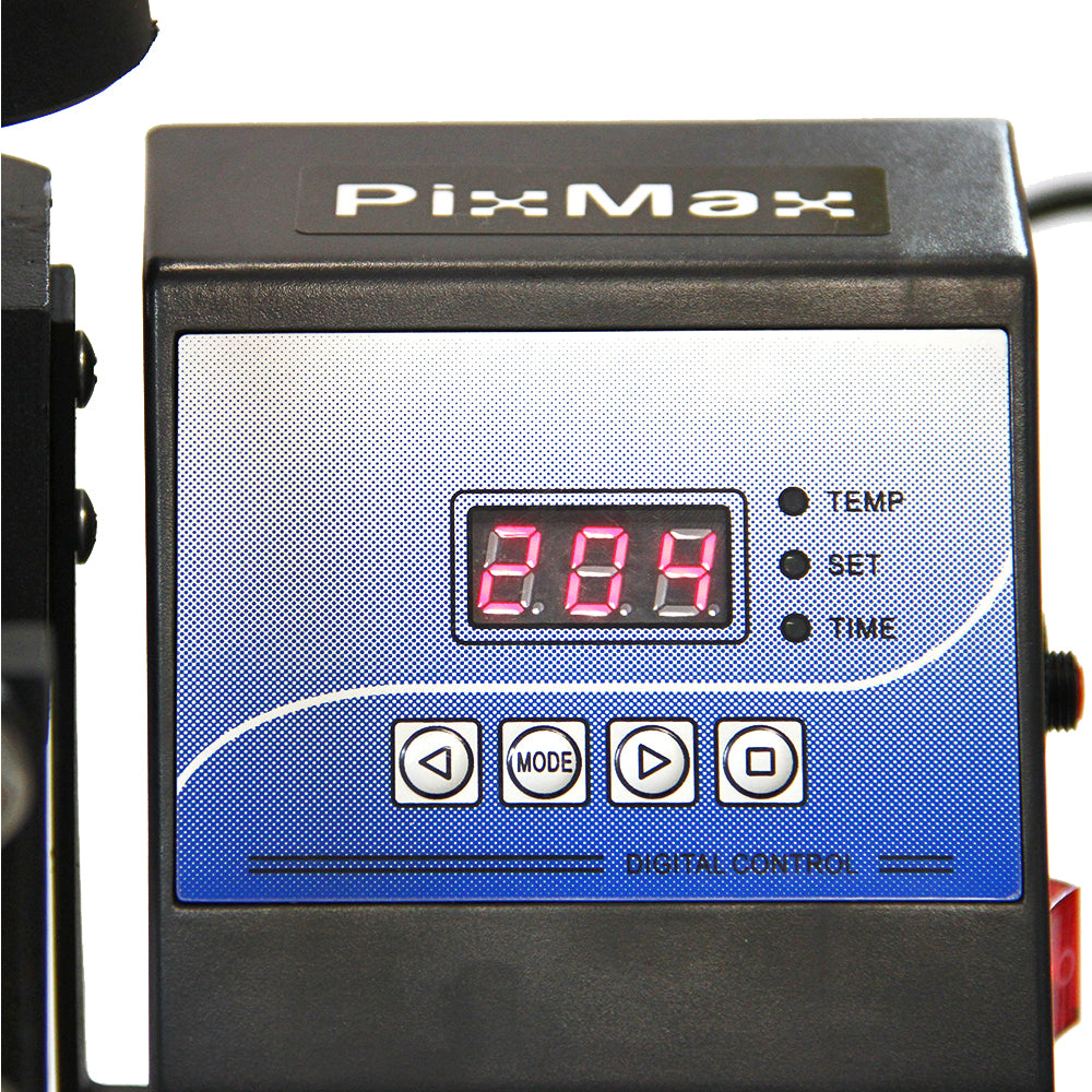 Display del controllo digitale della pressa a caldo, con schermo rosso che mostra temperatura e impostazioni, design elegante e moderno