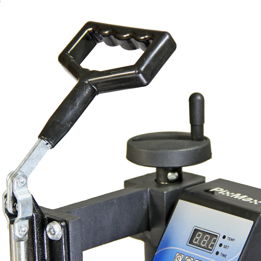 Pressa a caldo per piatti da 20 cm, manico ergonomico in plastica nera, display digitale per temperatura e timer, struttura robusta