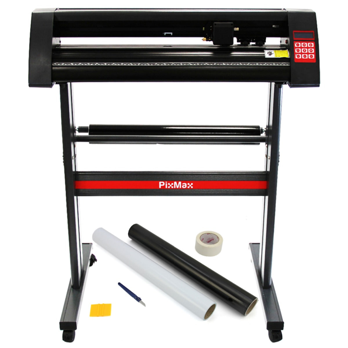 Taglierina per vinile 720 mm con struttura nera, rulli per il materiale, kit di taglio automatico e accessori come nastro e lame
