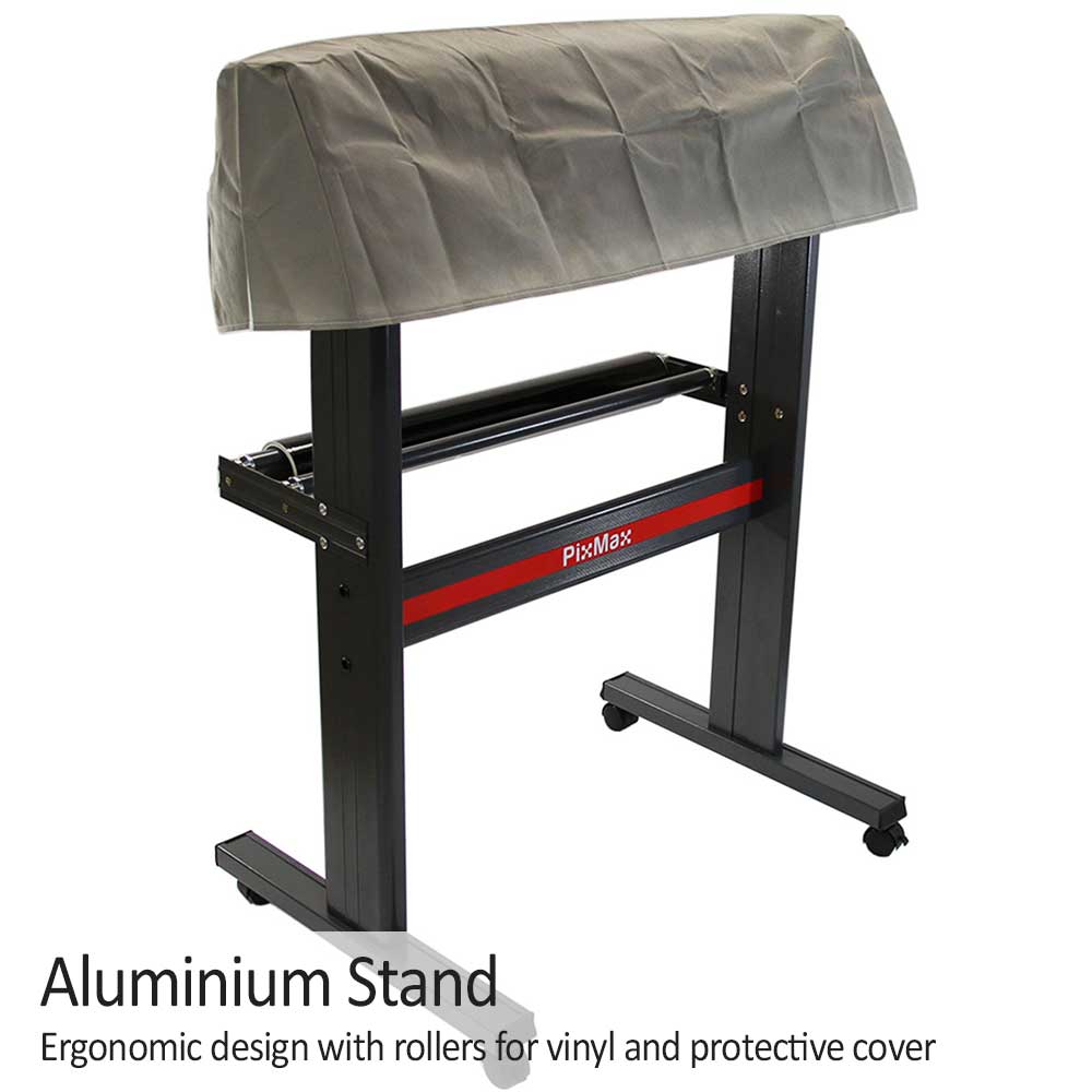 Supporto in alluminio per taglierina PixMax, design ergonomico con rulli per vinile e copertura protettiva grigia, struttura nera robusta
