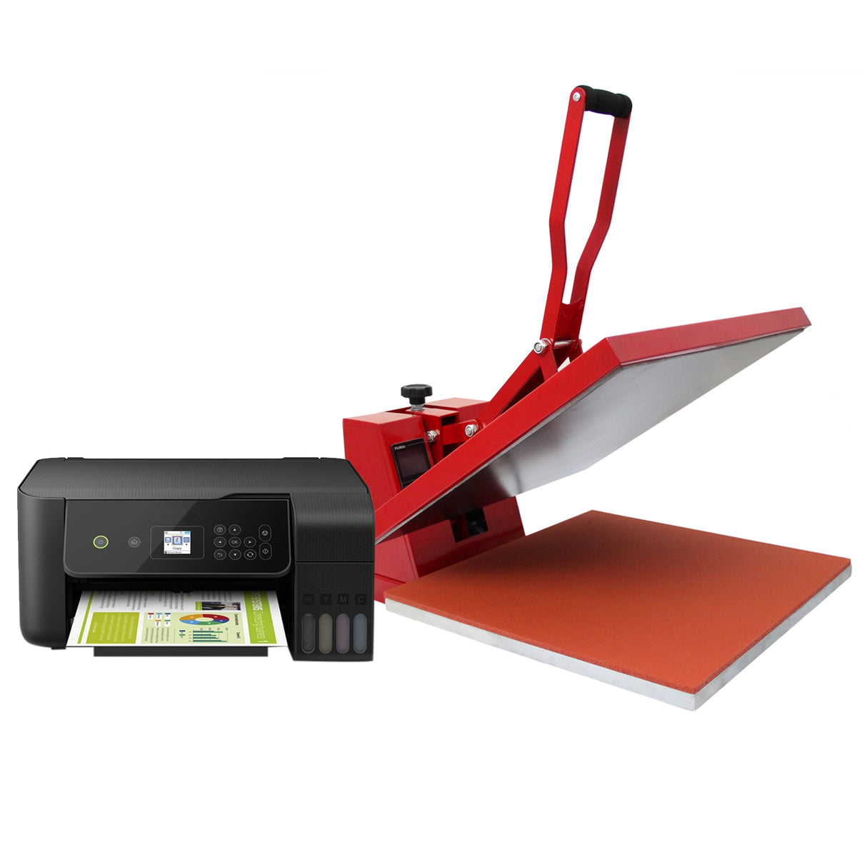 Pressa a caldo rossa 50cm x 50cm accanto a una stampante nera, ideale per la sublimazione su magliette, con piano di lavoro arancione